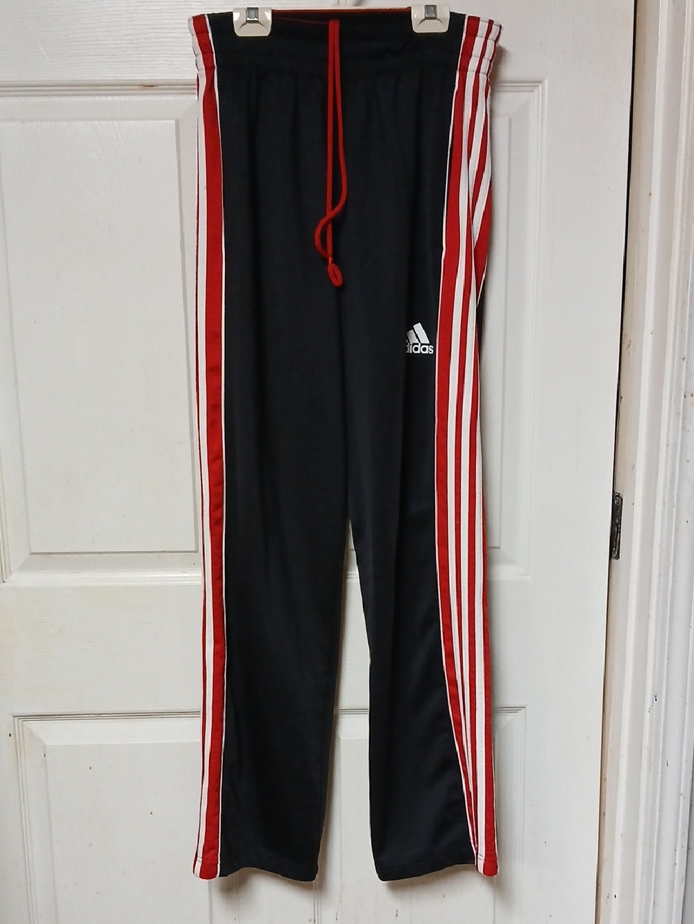 adidas Black Track Pants with Red & White Stripes, Sz.S